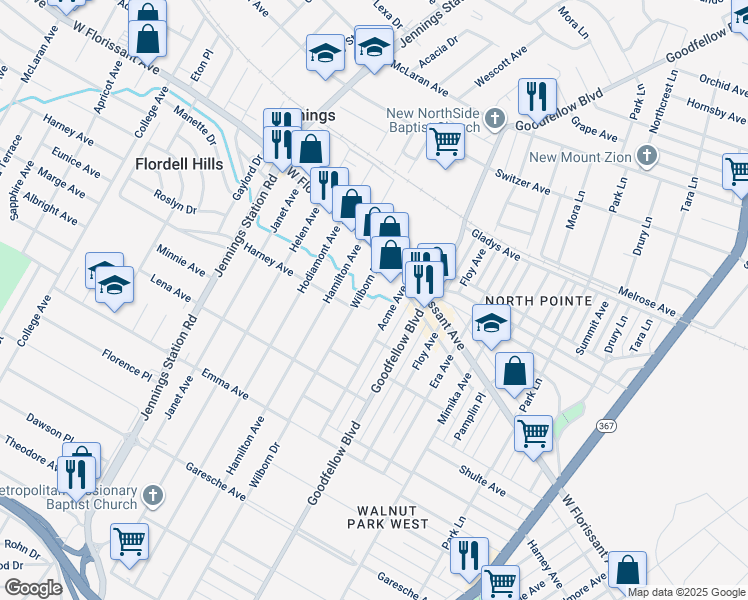 map of restaurants, bars, coffee shops, grocery stores, and more near 5719 Wilborn Drive in Jennings