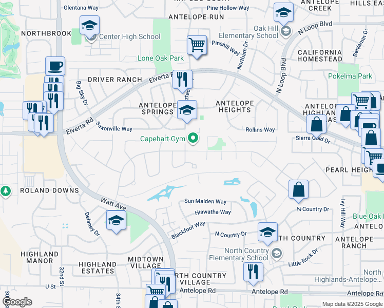 map of restaurants, bars, coffee shops, grocery stores, and more near 3700 Navaho Drive in Antelope