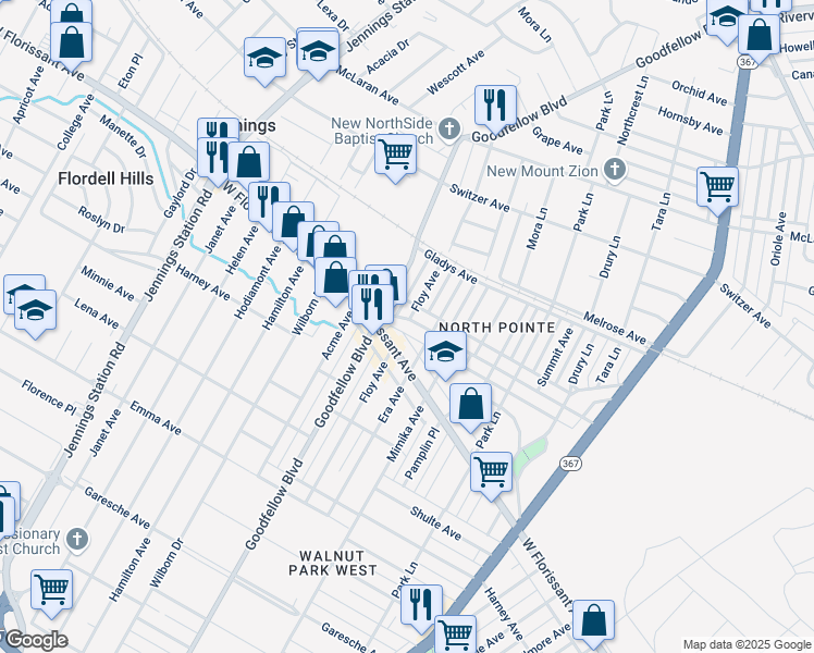 map of restaurants, bars, coffee shops, grocery stores, and more near 6201 North Pointe Boulevard in St. Louis