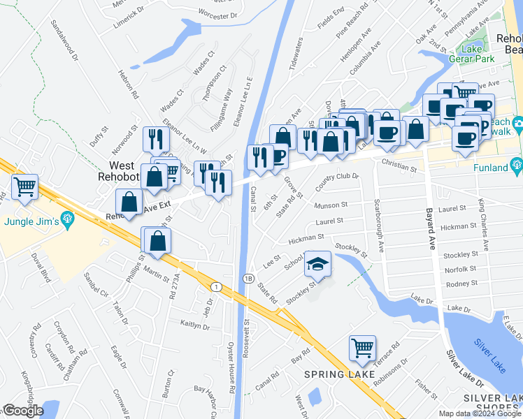 map of restaurants, bars, coffee shops, grocery stores, and more near 31 6th Street in Rehoboth Beach