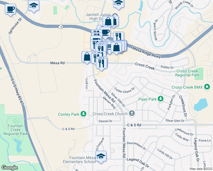 map of restaurants, bars, coffee shops, grocery stores, and more near 8167 Silver Glen Drive in Fountain
