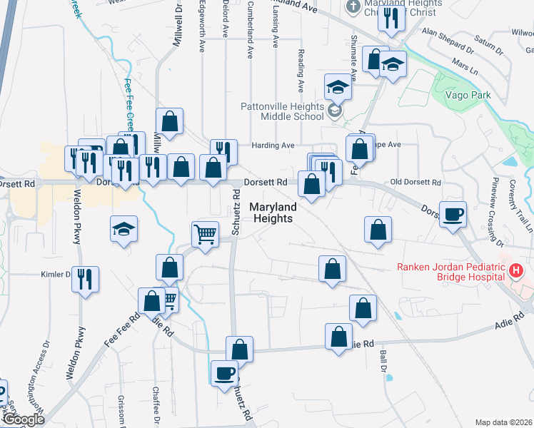map of restaurants, bars, coffee shops, grocery stores, and more near in Maryland Heights