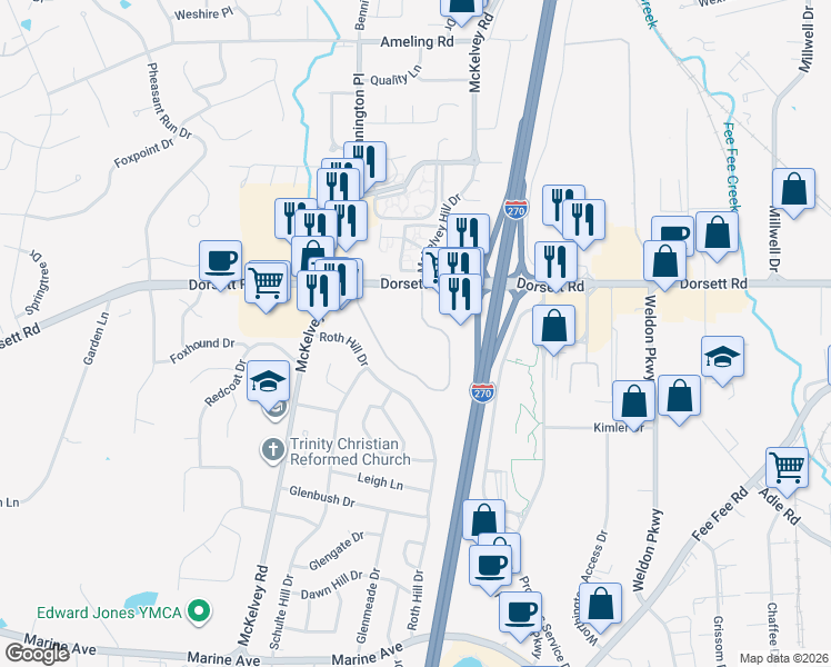 map of restaurants, bars, coffee shops, grocery stores, and more near 1871 McKelvey Hill Drive in Maryland Heights