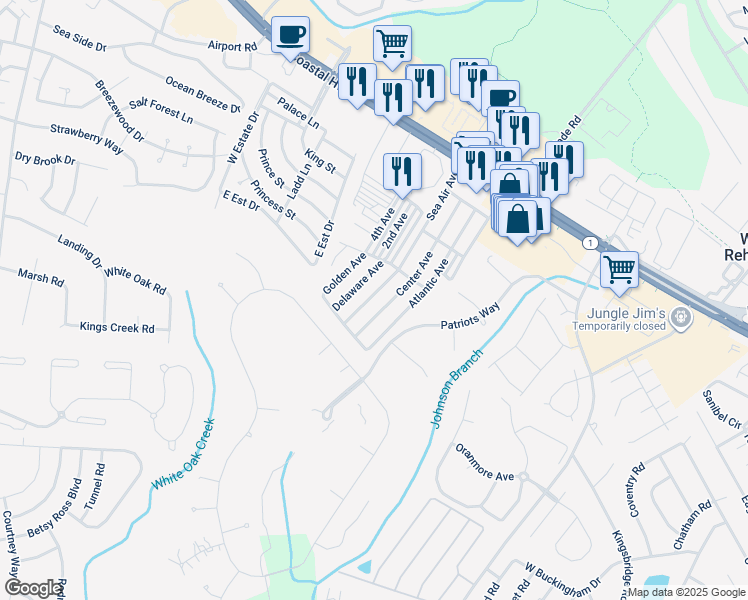 map of restaurants, bars, coffee shops, grocery stores, and more near 19913 Sea Air Avenue in Rehoboth Beach