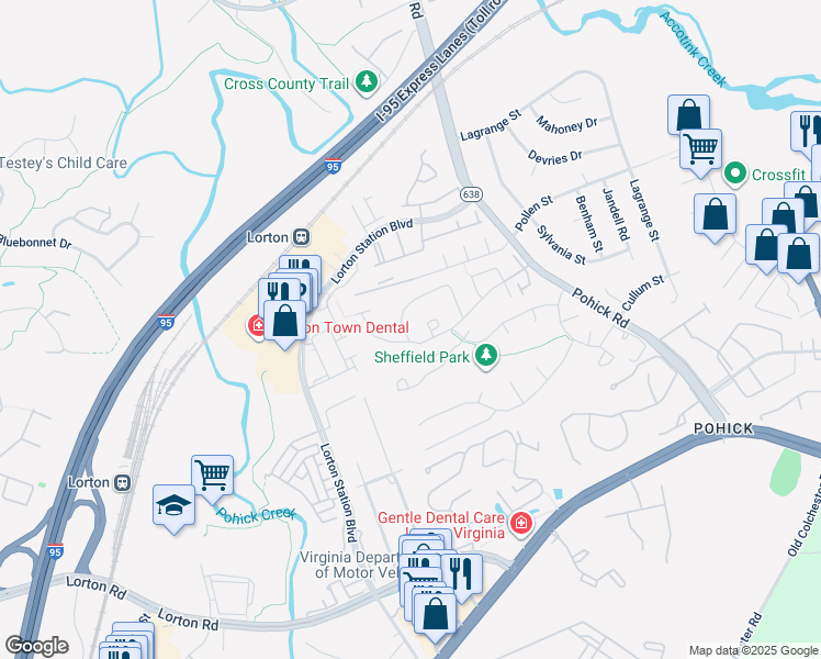 map of restaurants, bars, coffee shops, grocery stores, and more near 7757 Wolford Way in Lorton