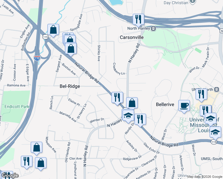 map of restaurants, bars, coffee shops, grocery stores, and more near 8818 Alva Avenue in St. Louis