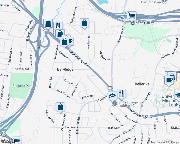 map of restaurants, bars, coffee shops, grocery stores, and more near 8813 Ramona Avenue in St. Louis