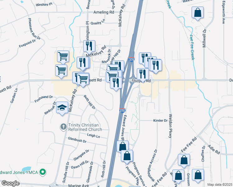 map of restaurants, bars, coffee shops, grocery stores, and more near 12322 Dorsett Road in Maryland Heights