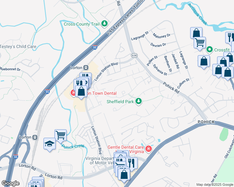map of restaurants, bars, coffee shops, grocery stores, and more near 7757 Wolford Way in Lorton