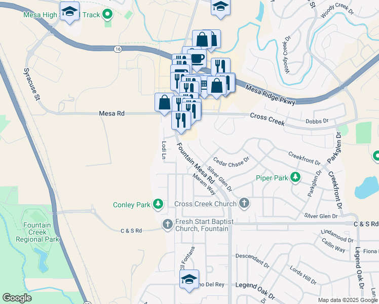 map of restaurants, bars, coffee shops, grocery stores, and more near 8127 Silver Glen Drive in Fountain
