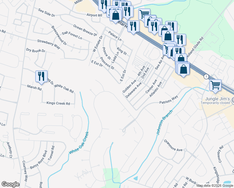 map of restaurants, bars, coffee shops, grocery stores, and more near 24 Kings Creek Circle in Rehoboth Beach