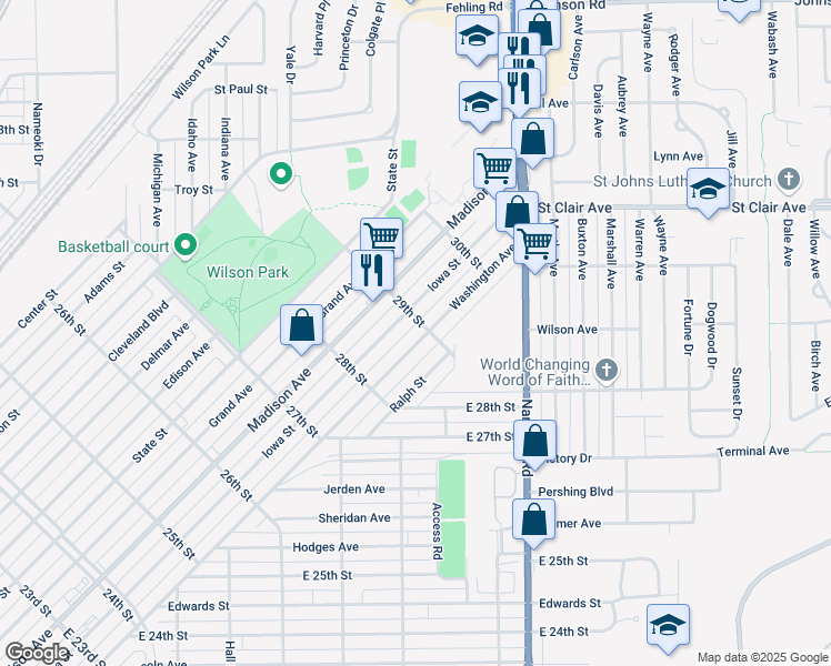 map of restaurants, bars, coffee shops, grocery stores, and more near 2905 Washington Avenue in Granite City