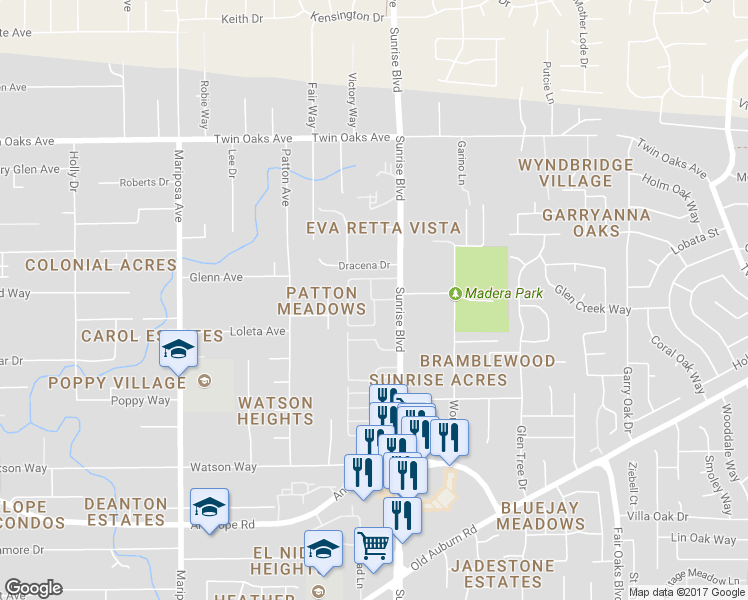 map of restaurants, bars, coffee shops, grocery stores, and more near West Berry Lane in Citrus Heights