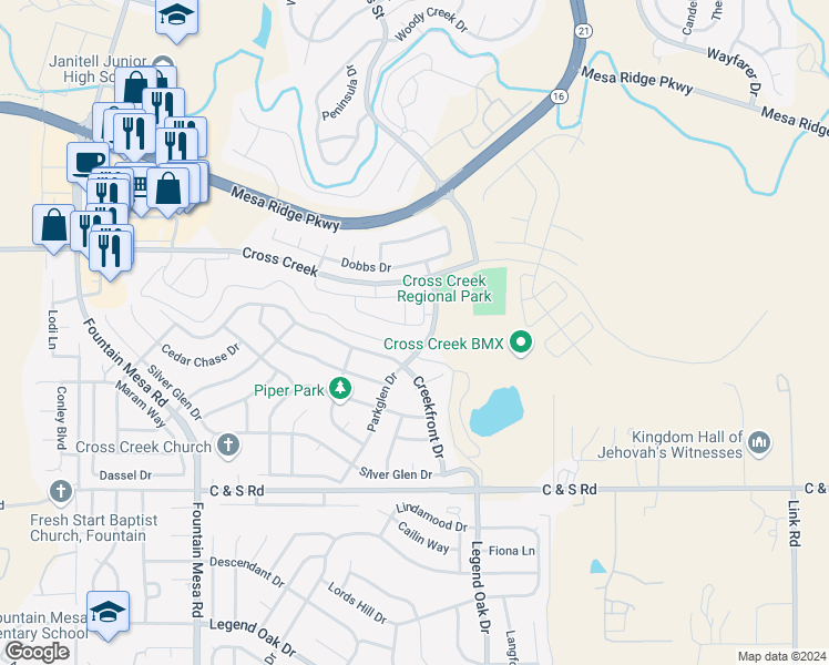 map of restaurants, bars, coffee shops, grocery stores, and more near 7722 Sandy Springs Point in Fountain