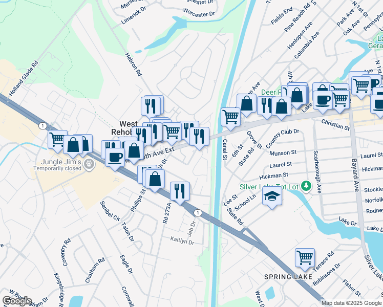 map of restaurants, bars, coffee shops, grocery stores, and more near 37529 Atlantic Avenue in Rehoboth Beach