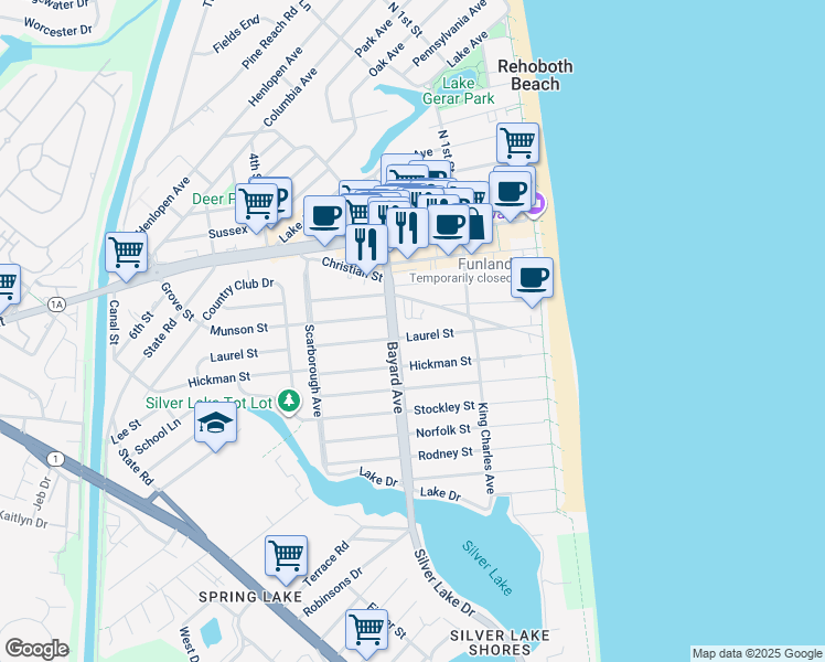 map of restaurants, bars, coffee shops, grocery stores, and more near 121 Laurel Street in Rehoboth Beach