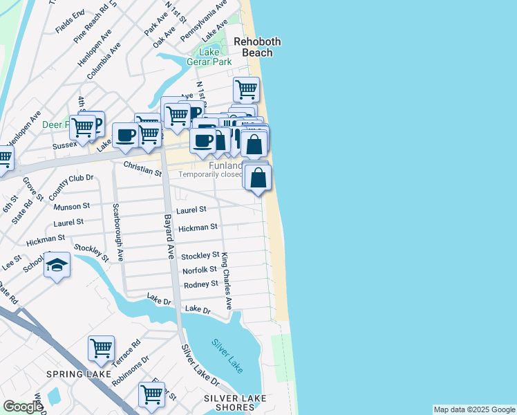 map of restaurants, bars, coffee shops, grocery stores, and more near 319 South Boardwalk in Rehoboth Beach