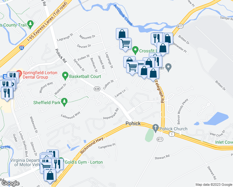 map of restaurants, bars, coffee shops, grocery stores, and more near 7460 Larne Lane in Lorton