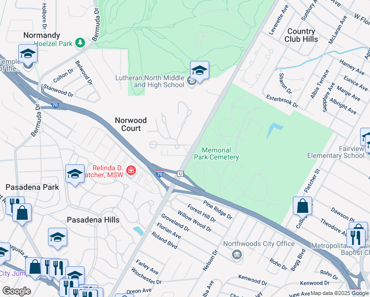 map of restaurants, bars, coffee shops, grocery stores, and more near 7213 Burrwood Drive in St. Louis