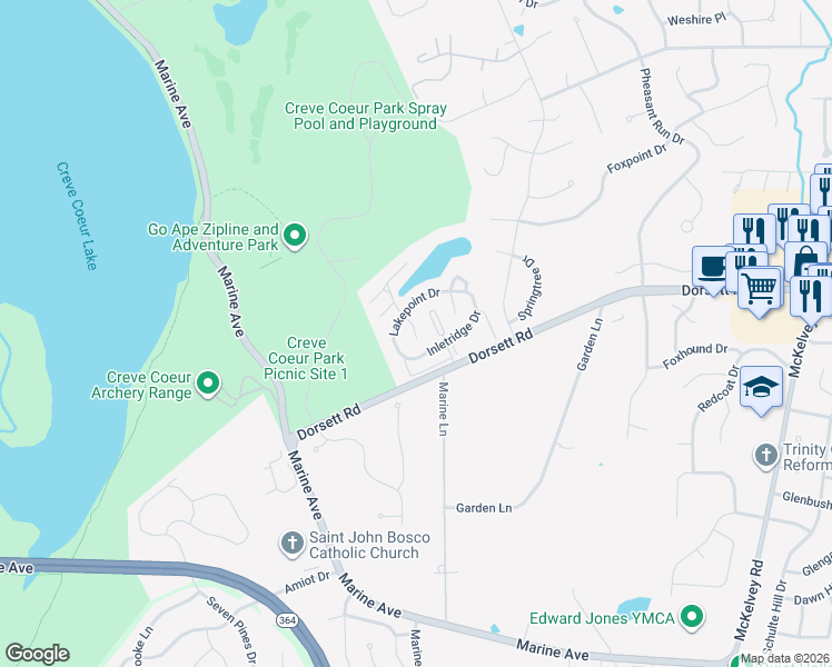 map of restaurants, bars, coffee shops, grocery stores, and more near 2035 Runningridge Court in Maryland Heights