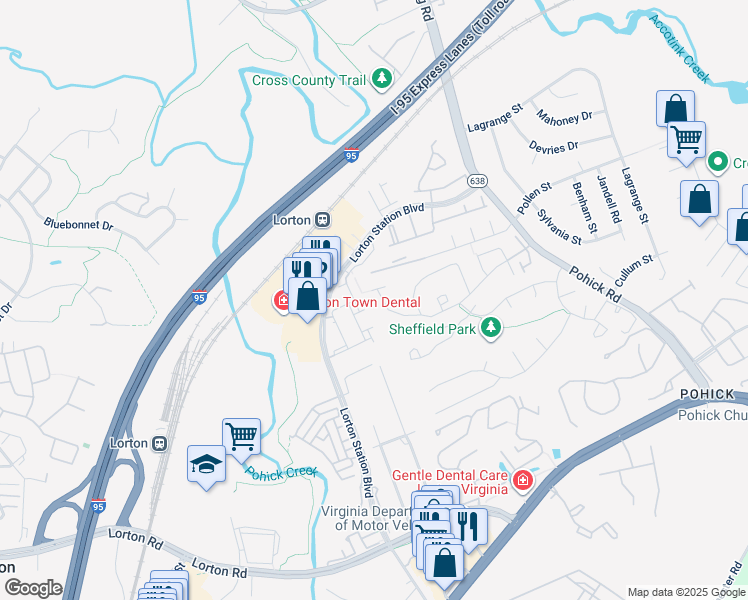 map of restaurants, bars, coffee shops, grocery stores, and more near 8920 Waldren Way in Lorton