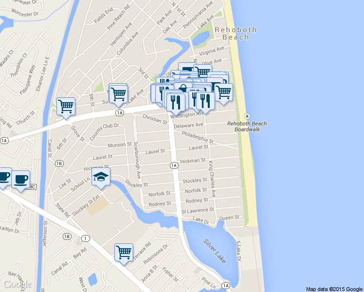 map of restaurants, bars, coffee shops, grocery stores, and more near 121 Laurel Street in Rehoboth Beach
