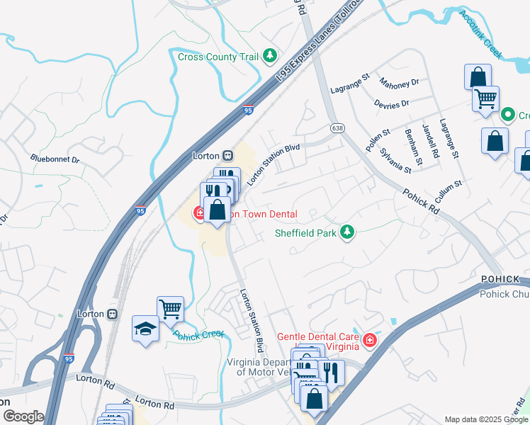 map of restaurants, bars, coffee shops, grocery stores, and more near 8920 Waldren Way in Lorton