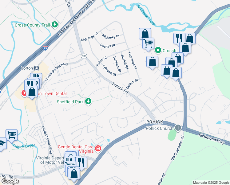 map of restaurants, bars, coffee shops, grocery stores, and more near 7605 Surry Grove Court in Lorton