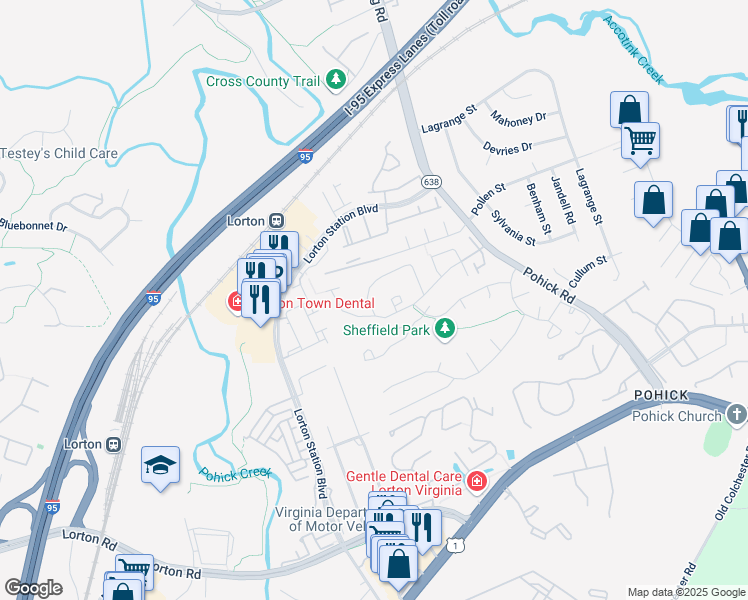 map of restaurants, bars, coffee shops, grocery stores, and more near 7751 Wolford Way in Lorton