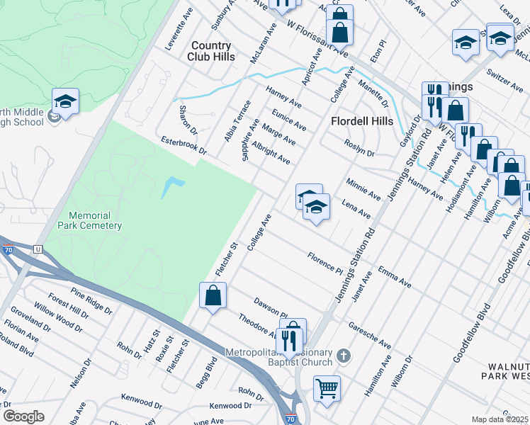 map of restaurants, bars, coffee shops, grocery stores, and more near 5429 College Avenue in Jennings