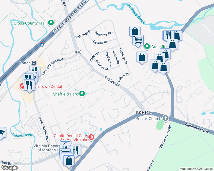 map of restaurants, bars, coffee shops, grocery stores, and more near 7605 Surry Grove Court in Lorton