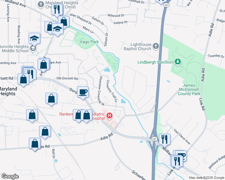 map of restaurants, bars, coffee shops, grocery stores, and more near 429 Coventry Trail Lane in Maryland Heights