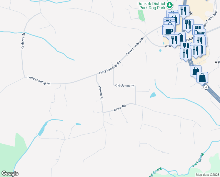 map of restaurants, bars, coffee shops, grocery stores, and more near 3500 Old Jones Rd in Dunkirk