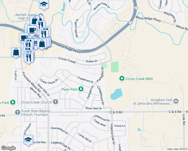 map of restaurants, bars, coffee shops, grocery stores, and more near 7770 Sandy Springs Point in Fountain