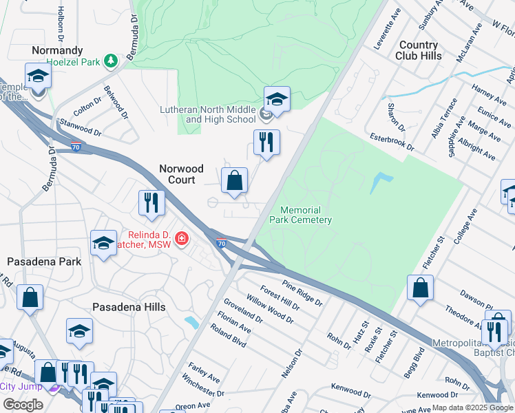 map of restaurants, bars, coffee shops, grocery stores, and more near 7208 Burrwood Drive in St. Louis