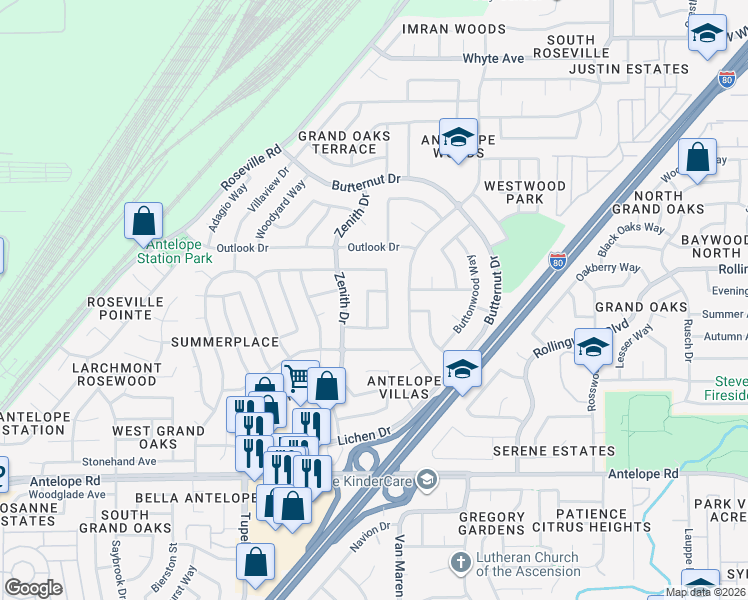 map of restaurants, bars, coffee shops, grocery stores, and more near 8120 Rattan Way in Citrus Heights