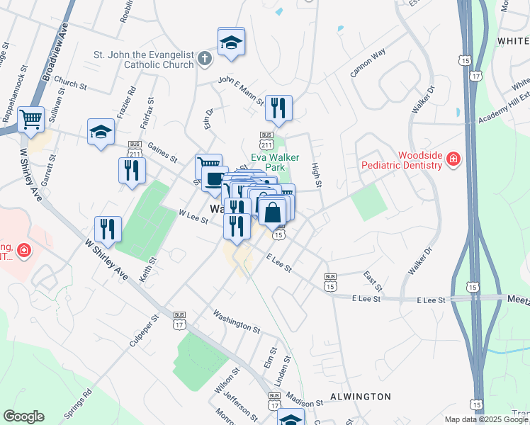 map of restaurants, bars, coffee shops, grocery stores, and more near 9 North 3rd Street in Warrenton