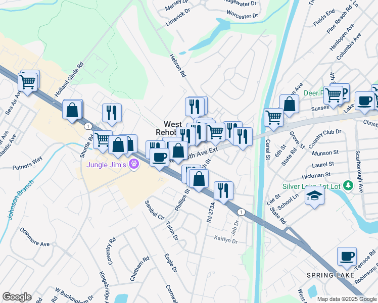 map of restaurants, bars, coffee shops, grocery stores, and more near 100 Henlopen Stat in Rehoboth Beach