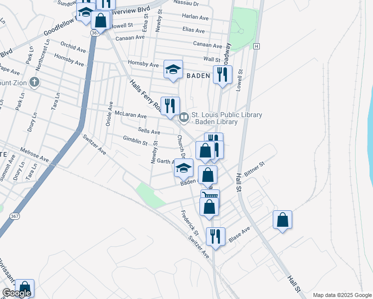map of restaurants, bars, coffee shops, grocery stores, and more near 8326 Church Road in St. Louis