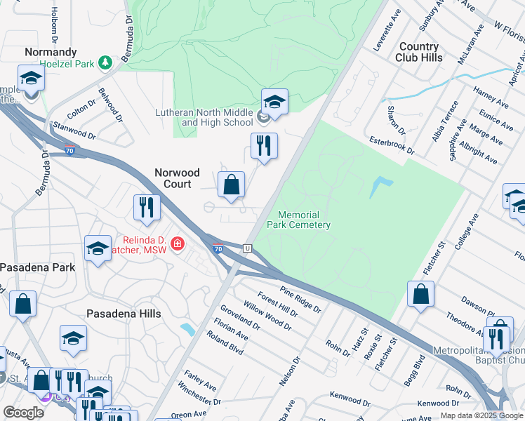 map of restaurants, bars, coffee shops, grocery stores, and more near 7213 Burrwood Drive in St. Louis