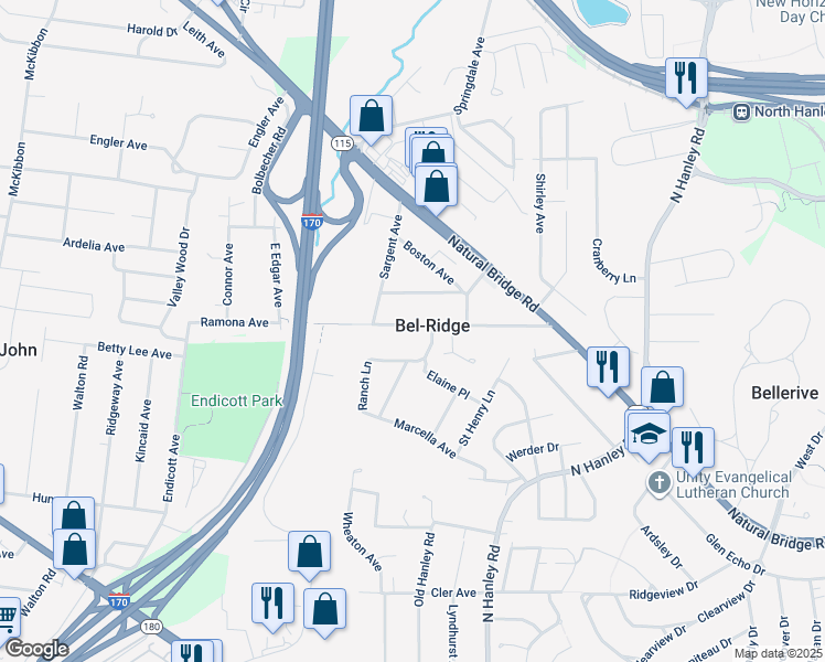map of restaurants, bars, coffee shops, grocery stores, and more near 8974 Ramona Avenue in St. Louis