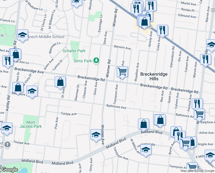 map of restaurants, bars, coffee shops, grocery stores, and more near 3131 Wismer Avenue in Breckenridge Hills