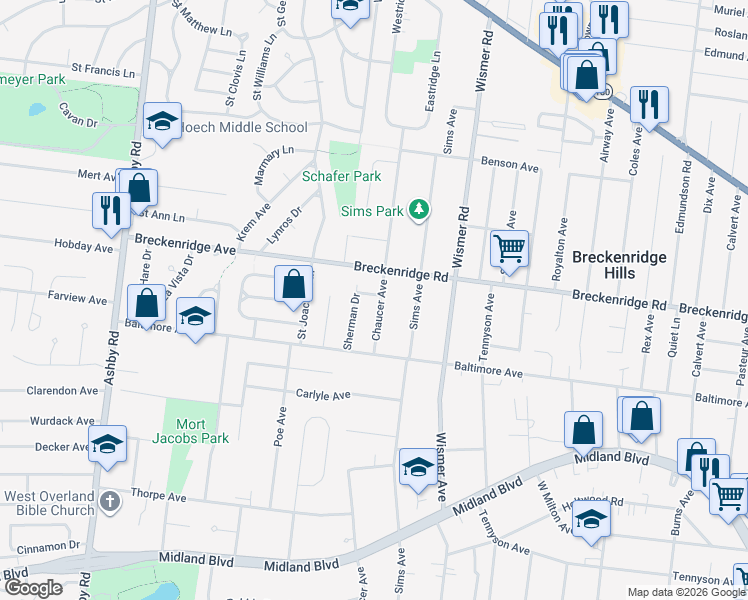 map of restaurants, bars, coffee shops, grocery stores, and more near 3111 Chaucer Avenue in St. Louis