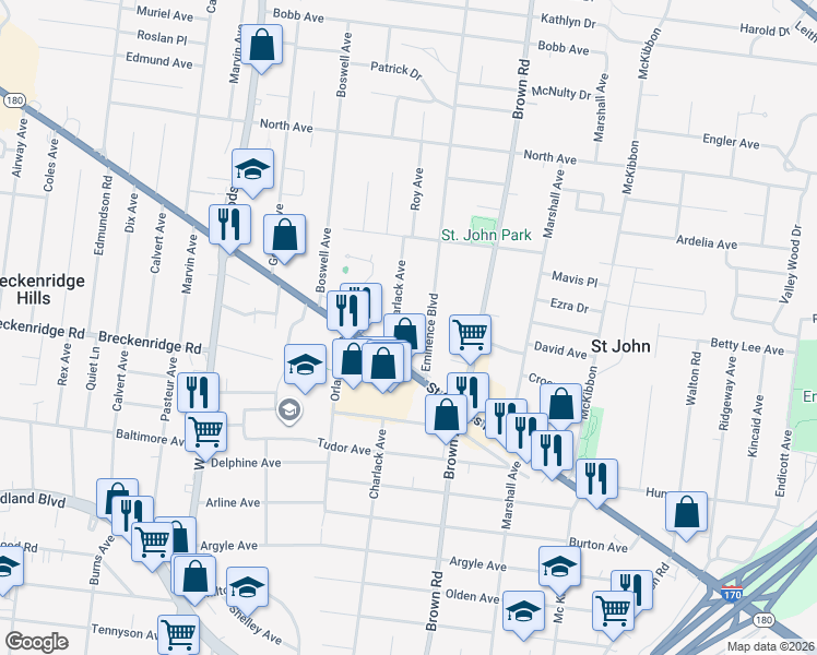 map of restaurants, bars, coffee shops, grocery stores, and more near 3414 Charlack Avenue in St. Louis