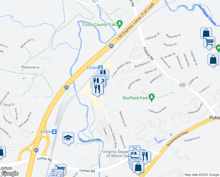 map of restaurants, bars, coffee shops, grocery stores, and more near 9060 Arch Hall Road in Lorton