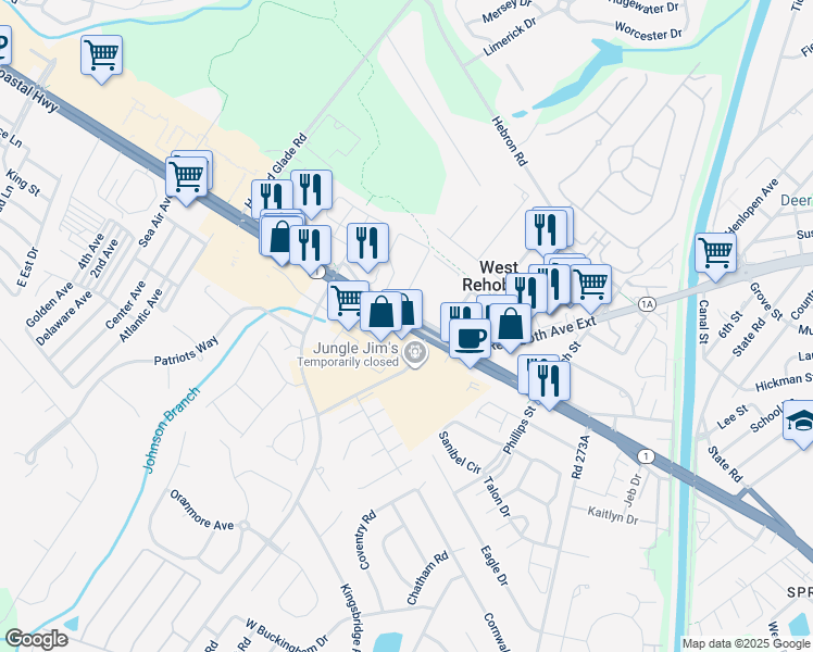 map of restaurants, bars, coffee shops, grocery stores, and more near 19930 Coastal Highway in Rehoboth Beach
