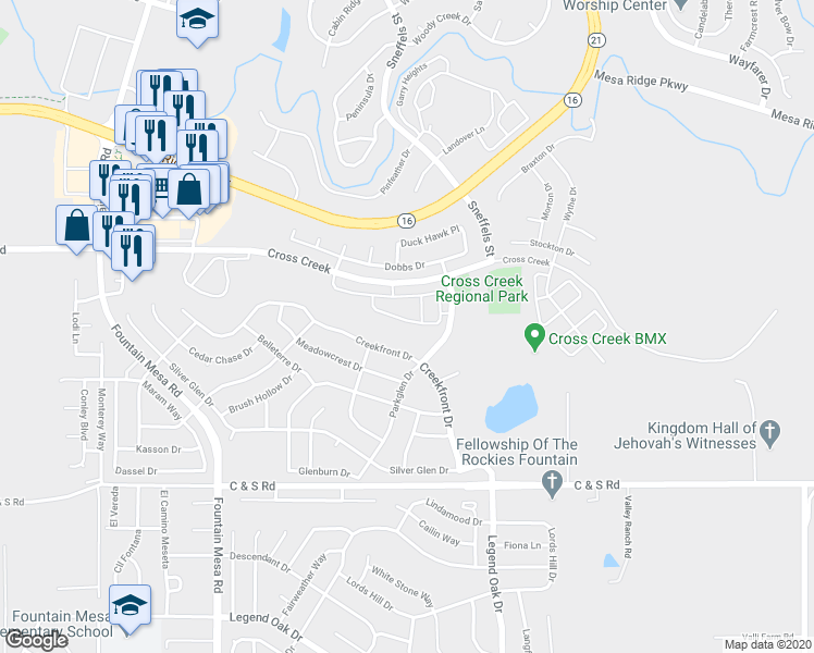 map of restaurants, bars, coffee shops, grocery stores, and more near 7788 Sandy Springs Point in Fountain