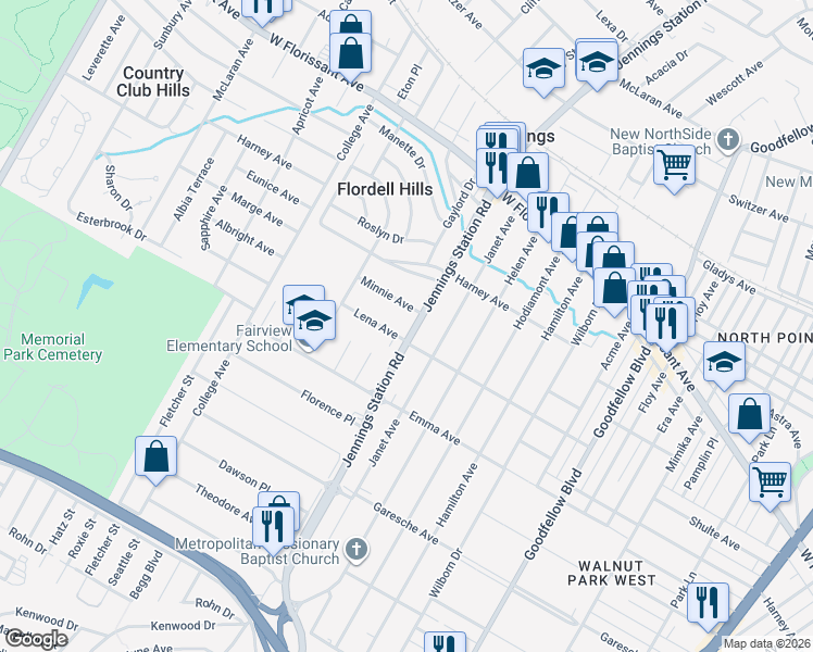 map of restaurants, bars, coffee shops, grocery stores, and more near 7019 Lena Avenue in Jennings