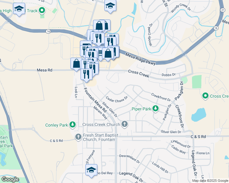 map of restaurants, bars, coffee shops, grocery stores, and more near 6986 Creekfront Drive in Fountain