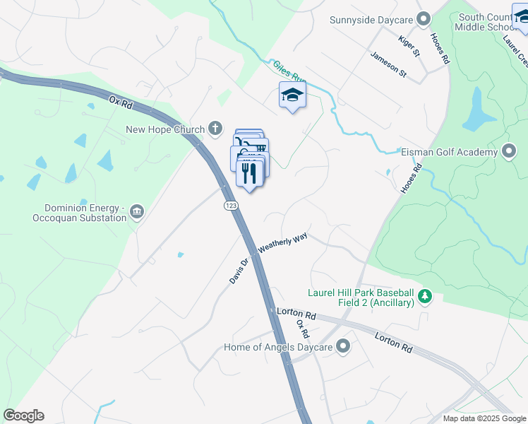 map of restaurants, bars, coffee shops, grocery stores, and more near 9108 Meadowcreek Lane in Lorton
